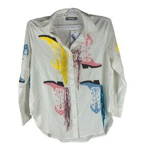 Blue B Collection Womens Long Sleeve Cowboy Boot Print Shirt White Multi Size S